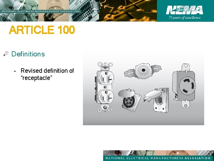 75 years of excellence ARTICLE 100 Definitions – Revised definition of “receptacle” 