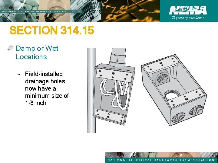 75 years of excellence SECTION 314. 15 Damp or Wet Locations – Field-installed drainage