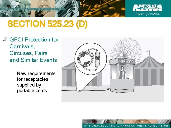 75 years of excellence SECTION 525. 23 (D) GFCI Protection for Carnivals, Circuses, Fairs