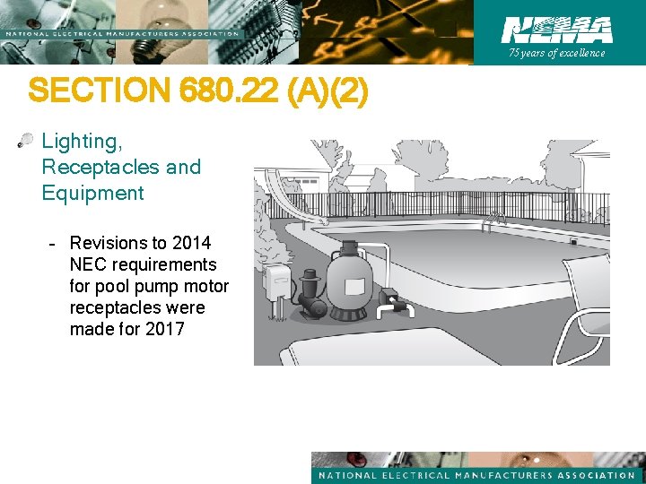 75 years of excellence SECTION 680. 22 (A)(2) Lighting, Receptacles and Equipment – Revisions