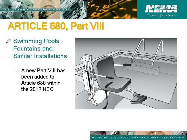 75 years of excellence ARTICLE 680, Part VIII Swimming Pools, Fountains and Similar Installations