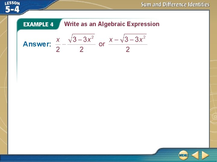 Write as an Algebraic Expression Answer: 