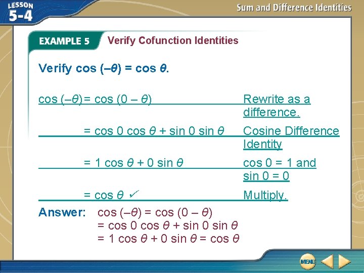 Verify Cofunction Identities Verify cos (–θ) = cos θ. cos (–θ) = cos (0