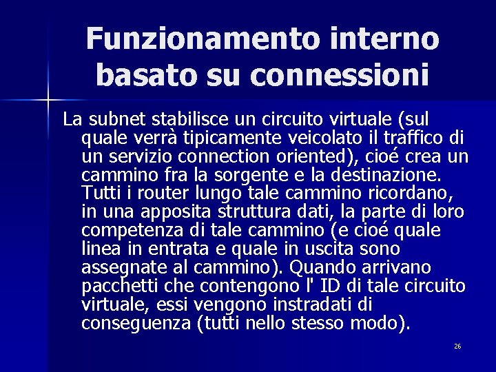 Funzionamento interno basato su connessioni La subnet stabilisce un circuito virtuale (sul quale verrà