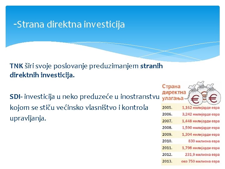 -Strana direktna investicija TNK širi svoje poslovanje preduzimanjem stranih direktnih investicija. SDI- investicija u