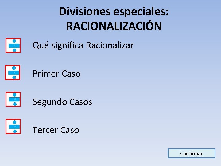 Divisiones especiales: RACIONALIZACIÓN • Qué significa Racionalizar • • Primer Caso • Tercer Caso Divisiones especiales: RACIONALIZACIÓN • Qué significa Racionalizar • • Primer Caso • Tercer Caso