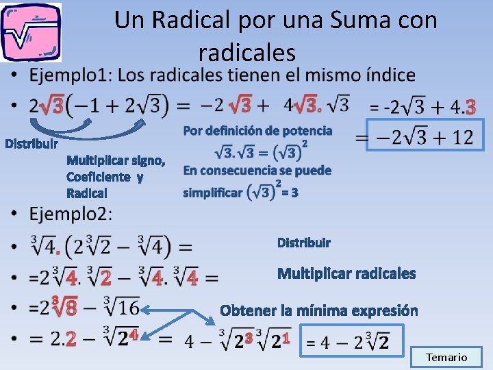 • Distribuir Un Radical por una Suma con radicales Multiplicar signo, Coeficiente y • Distribuir Un Radical por una Suma con radicales Multiplicar signo, Coeficiente y
