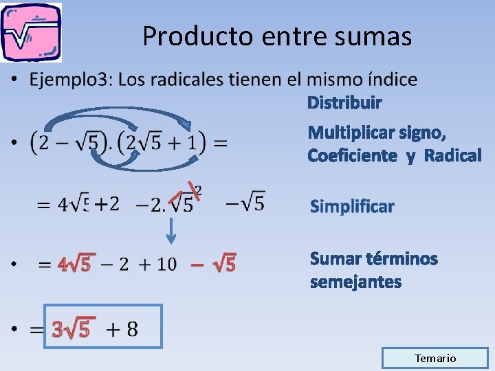 Producto entre sumas • Distribuir Multiplicar signo, Coeficiente y Radical Simplificar Sumar términos semejantes Producto entre sumas • Distribuir Multiplicar signo, Coeficiente y Radical Simplificar Sumar términos semejantes