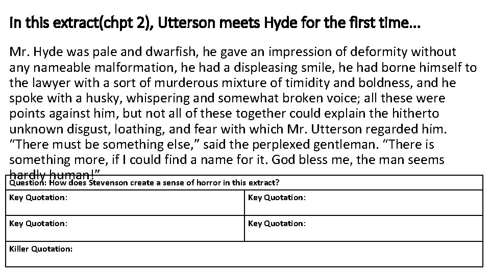 In this extract(chpt 2), Utterson meets Hyde for the first time. . . Mr.