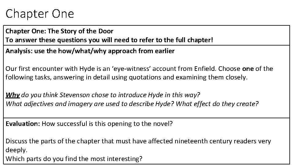 Chapter One: The Story of the Door To answer these questions you will need