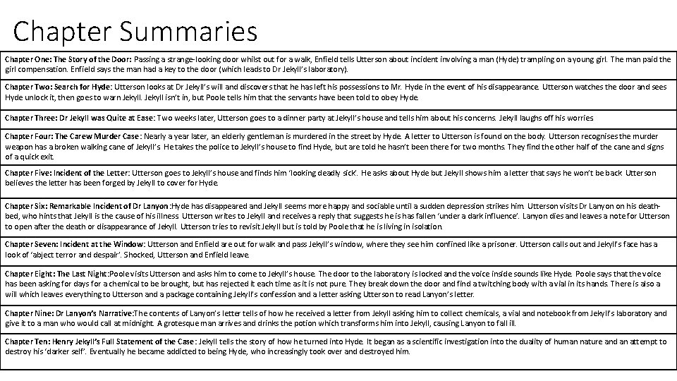 Chapter Summaries Chapter One: The Story of the Door: Passing a strange-looking door whilst