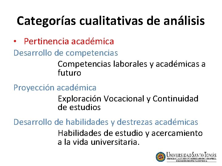 Categorías cualitativas de análisis • Pertinencia académica Desarrollo de competencias Competencias laborales y académicas Categorías cualitativas de análisis • Pertinencia académica Desarrollo de competencias Competencias laborales y académicas