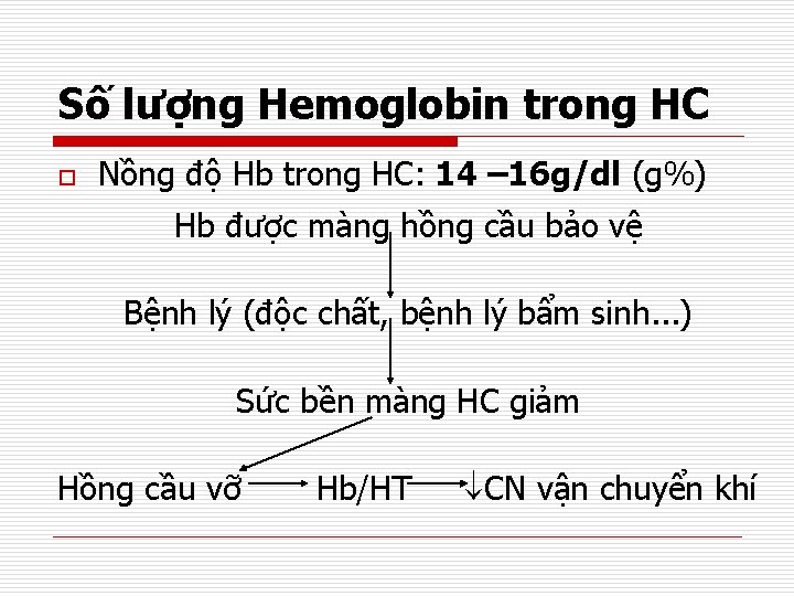 Số lượng Hemoglobin trong HC o Nồng độ Hb trong HC: 14 – 16