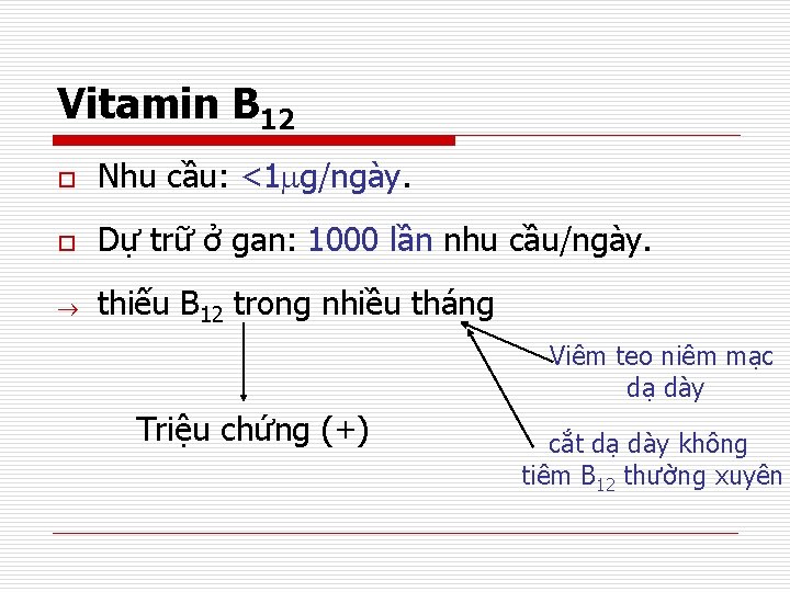 Vitamin B 12 o Nhu cầu: <1 g/ngày. o Dự trữ ở gan: 1000