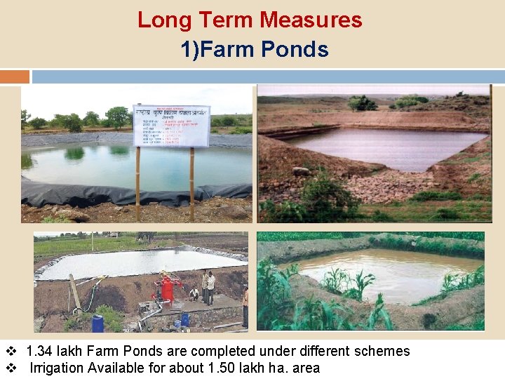 Long Term Measures 1)Farm Ponds v 1. 34 lakh Farm Ponds are completed under