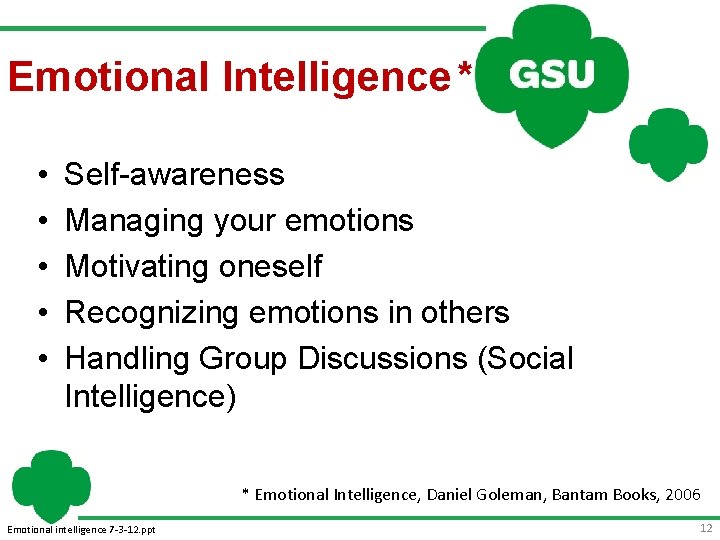 Emotional Intelligence * • • • Self-awareness Managing your emotions Motivating oneself Recognizing emotions