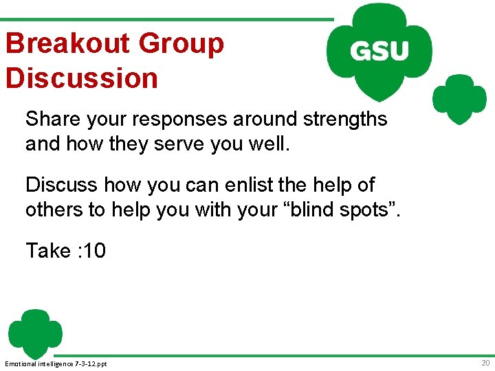 Breakout Group Discussion Share your responses around strengths and how they serve you well.