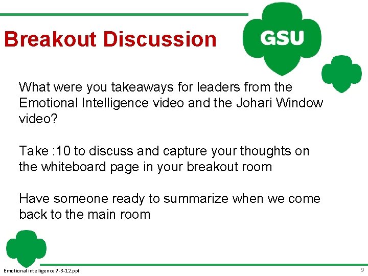 Breakout Discussion What were you takeaways for leaders from the Emotional Intelligence video and