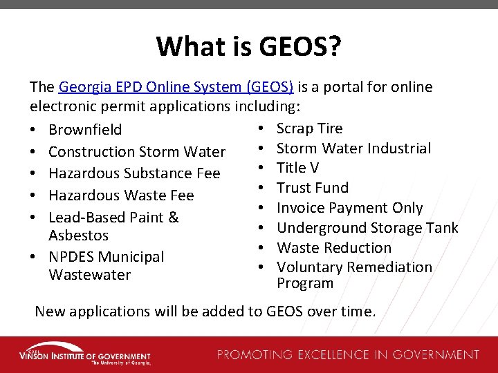What is GEOS? The Georgia EPD Online System (GEOS) is a portal for online