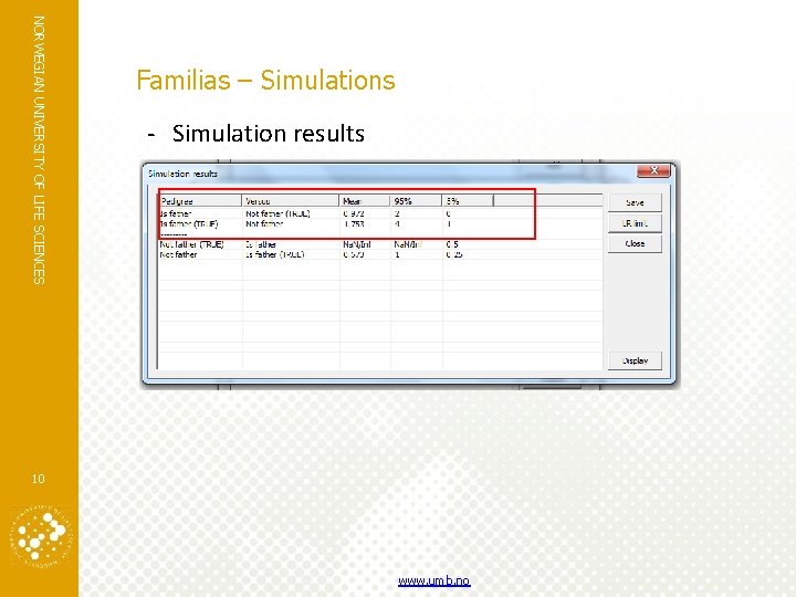 NORWEGIAN UNIVERSITY OF LIFE SCIENCES Familias – Simulations - Simulation results 10 www. umb.