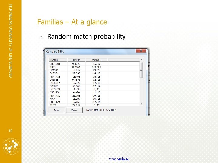 NORWEGIAN UNIVERSITY OF LIFE SCIENCES Familias – At a glance - Random match probability