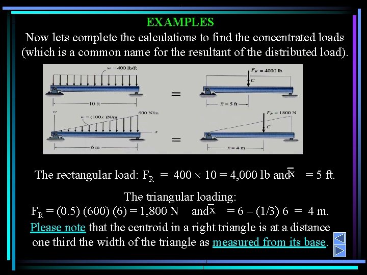 EXAMPLES Now lets complete the calculations to find the concentrated loads (which is a