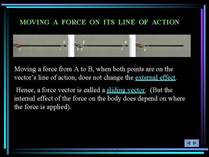 MOVING A FORCE ON ITS LINE OF ACTION Moving a force from A to