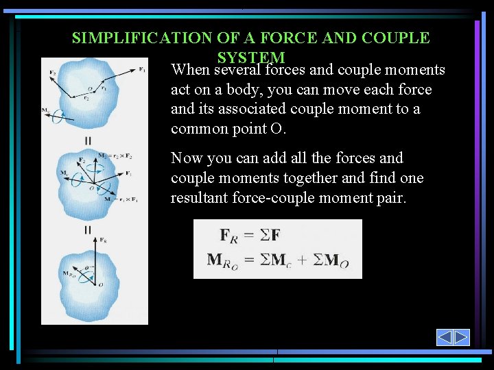 SIMPLIFICATION OF A FORCE AND COUPLE SYSTEM When several forces and couple moments act