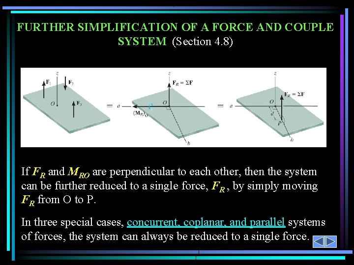 FURTHER SIMPLIFICATION OF A FORCE AND COUPLE SYSTEM (Section 4. 8) = = If