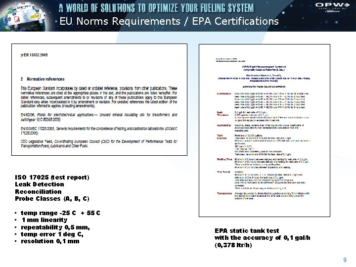 EU Norms Requirements / EPA Certifications ISO 17025 (test report) Leak Detection Reconciliation Probe