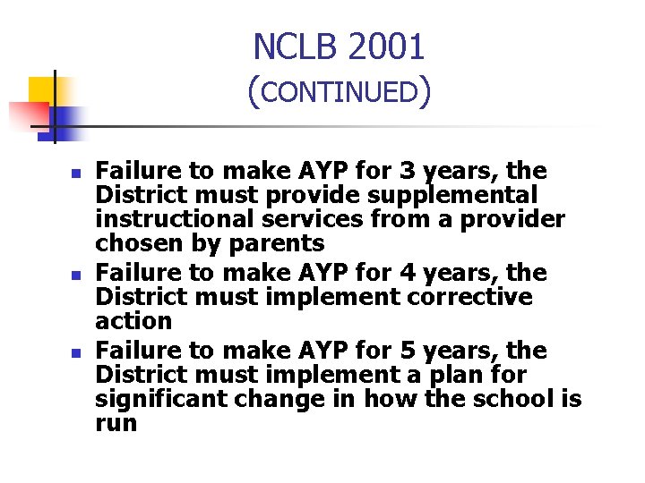 NCLB 2001 (CONTINUED) n n n Failure to make AYP for 3 years, the