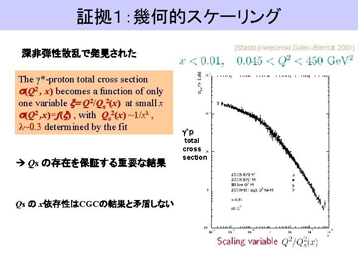 証拠１：幾何的スケーリング [Stasto, Kwiecinski, Golec-Biernat 2001] 深非弾性散乱で発見された The g*-proton total cross section s(Q 2 ,