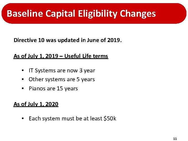 Baseline Capital Eligibility Changes Directive 10 was updated in June of 2019. As of Baseline Capital Eligibility Changes Directive 10 was updated in June of 2019. As of