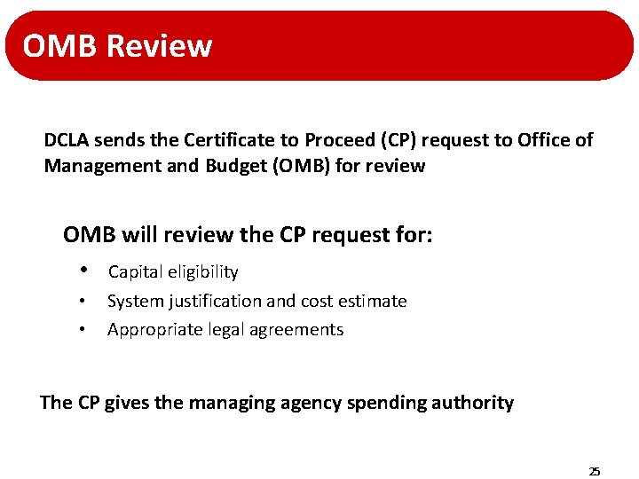 OMB Review DCLA sends the Certificate to Proceed (CP) request to Office of Management OMB Review DCLA sends the Certificate to Proceed (CP) request to Office of Management