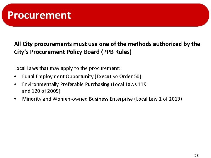 Procurement All City procurements must use one of the methods authorized by the City’s Procurement All City procurements must use one of the methods authorized by the City’s