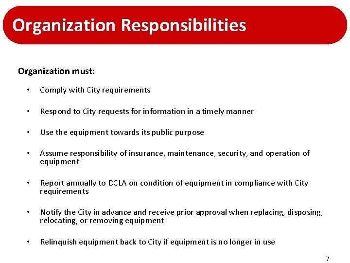 Organization Responsibilities Organization must: • Comply with City requirements • Respond to City requests Organization Responsibilities Organization must: • Comply with City requirements • Respond to City requests