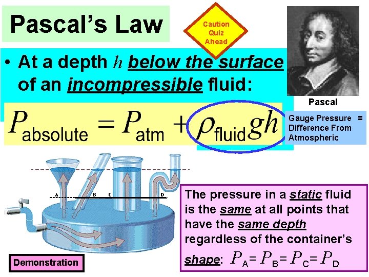 Pascal’s Law Caution Quiz Ahead • At a depth h below the surface of