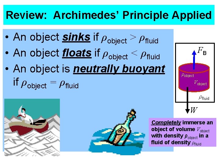 Review: Archimedes’ Principle Applied • An object sinks if ρobject > ρfluid • An