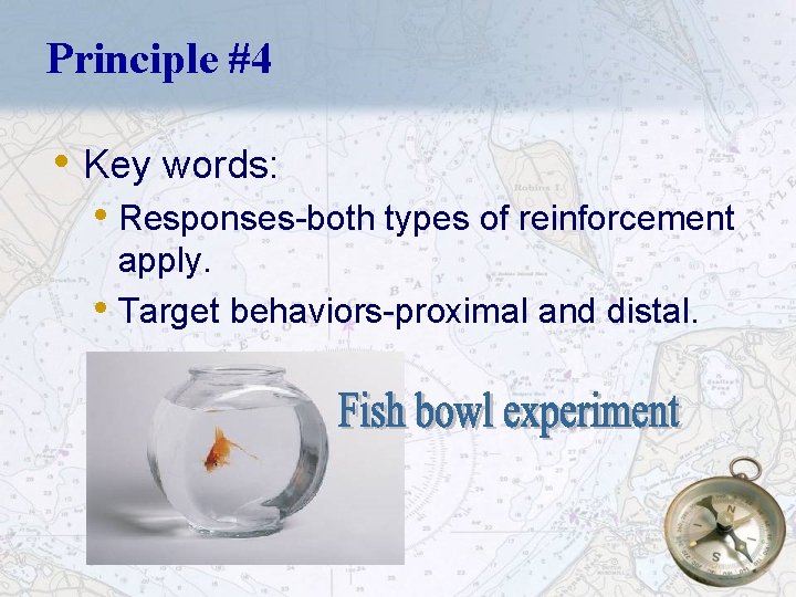 Principle #4 • Key words: • Responses-both types of reinforcement apply. • Target behaviors-proximal