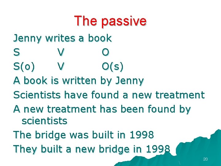 The passive Jenny writes a book S V O S(o) V O(s) A book