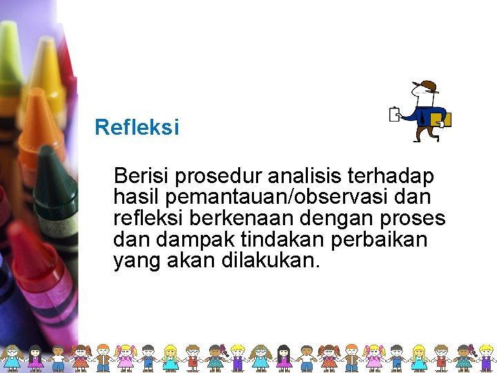 Refleksi Berisi prosedur analisis terhadap hasil pemantauan/observasi dan refleksi berkenaan dengan proses dan dampak