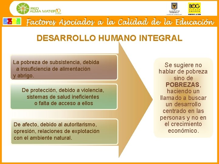 DESARROLLO HUMANO INTEGRAL La pobreza de subsistencia, debida a insuficiencia de alimentación y abrigo.