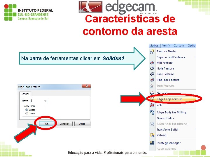 Características de contorno da aresta Na barra de ferramentas clicar em Solidus 1 