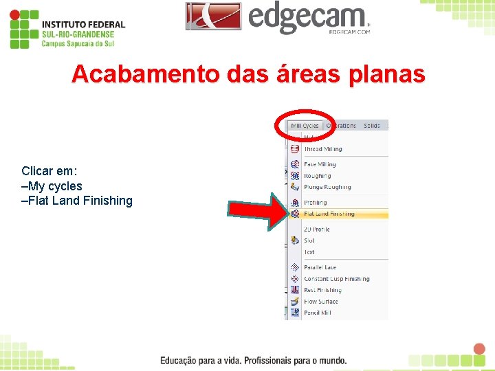 Acabamento das áreas planas Clicar em: –My cycles –Flat Land Finishing 