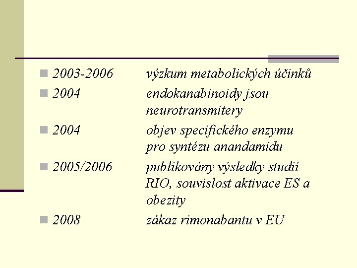 n 2003 -2006 n 2004 n 2005/2006 n 2008 výzkum metabolických účinků endokanabinoidy jsou