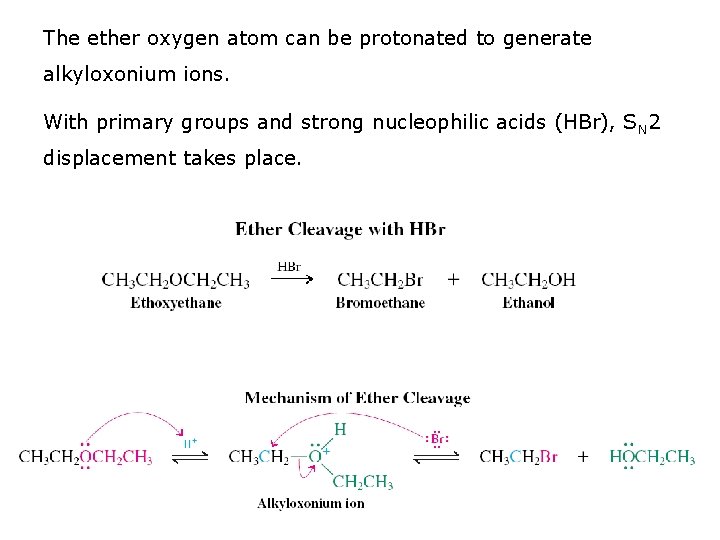 The ether oxygen atom can be protonated to generate alkyloxonium ions. With primary groups The ether oxygen atom can be protonated to generate alkyloxonium ions. With primary groups