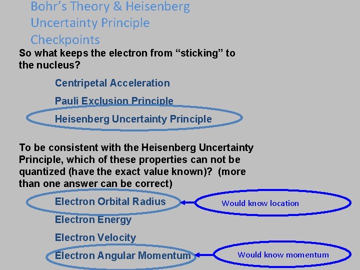 Bohr’s Theory & Heisenberg Uncertainty Principle Checkpoints So what keeps the electron from “sticking”
