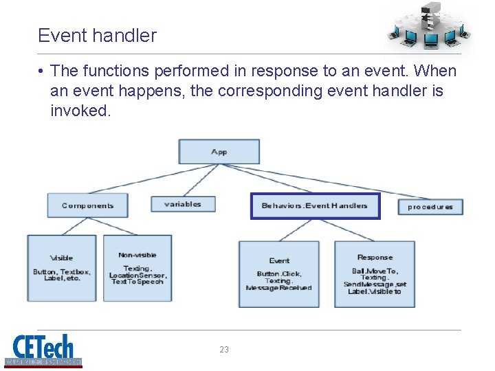 Event handler • The functions performed in response to an event. When an event