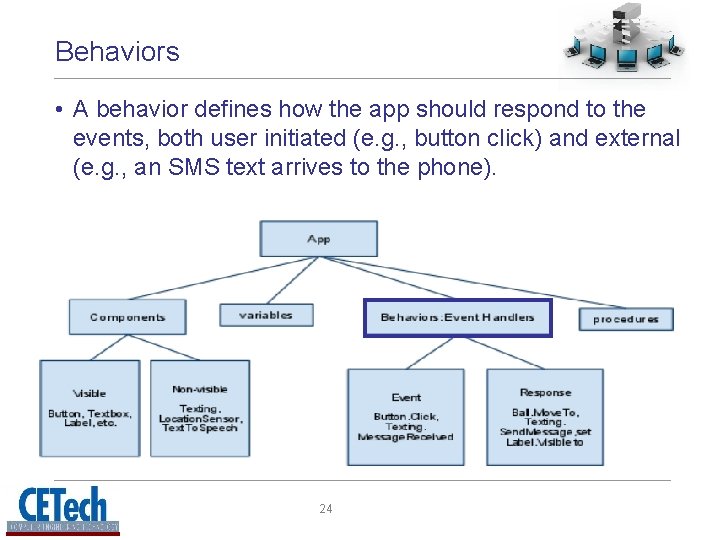 Behaviors • A behavior defines how the app should respond to the events, both