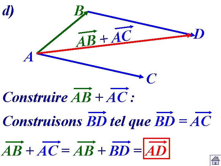 d) B A D C A + AB C Construire AB + AC :